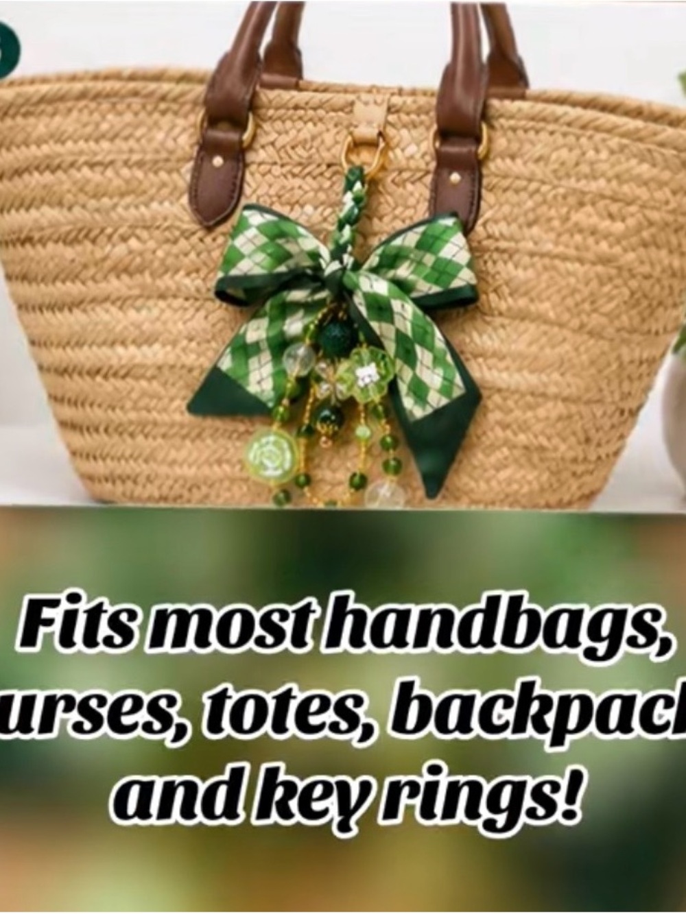 NWT Handmade Green Plaid Lucky Clover Beaded Convertible Multi-Use Bag Charm